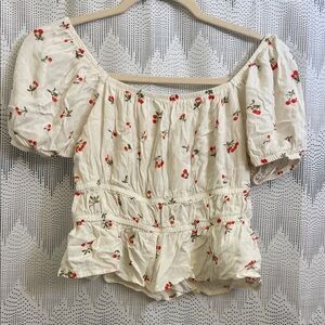 SO Floral Puff Sleeve Blouse - Cream with Red Floral